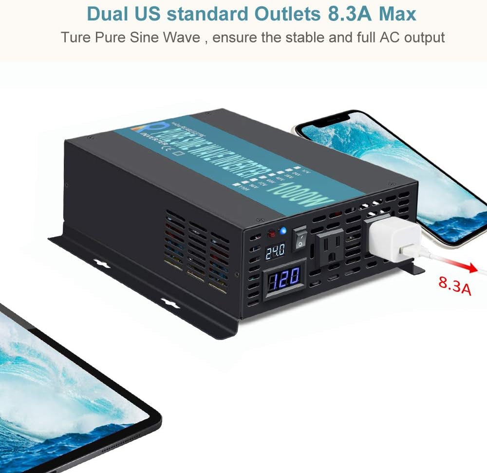 1000W Pure Sine Wave Solar Power Inverter 24V 120V 60Hz Power Converter LED Display DC to AC Power Generator with Wireless 100Ft Remote Controller