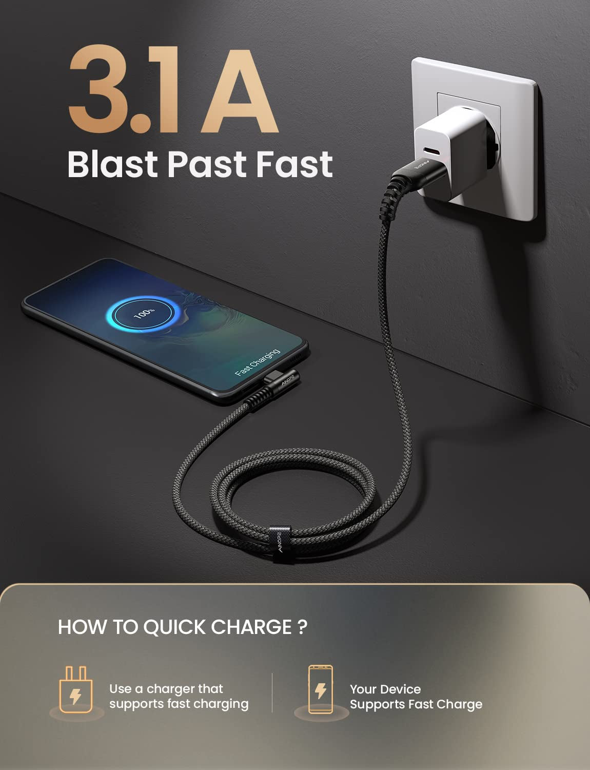 AINOPE 2-Pack Type C Charging Cable 3.1A Fast Charge, Right Angle [6.6Ft+6.6Ft] USB C Cable, Durable Nylon Braided Type C Charging Cable Fast Charge Compatible Galaxy S10 S9 S21, LG V30,V20,G6