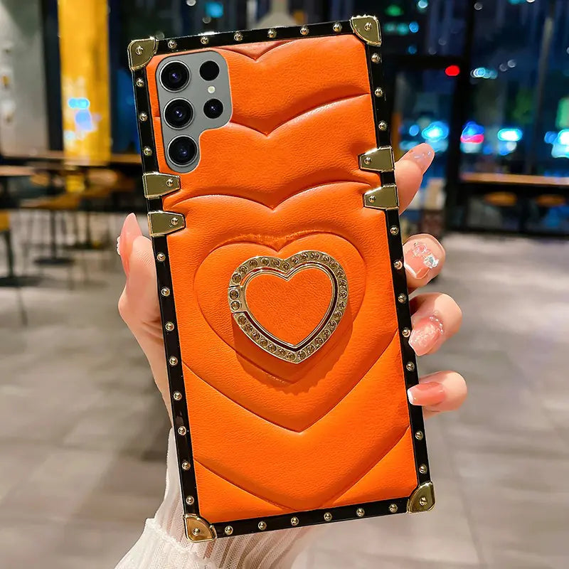 3D Love Heart Ring Holder Leather Case for Galaxy S21-23