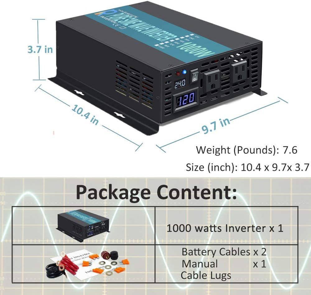 1000W Pure Sine Wave Solar Power Inverter 24V 120V 60Hz Power Converter LED Display DC to AC Power Generator with Wireless 100Ft Remote Controller