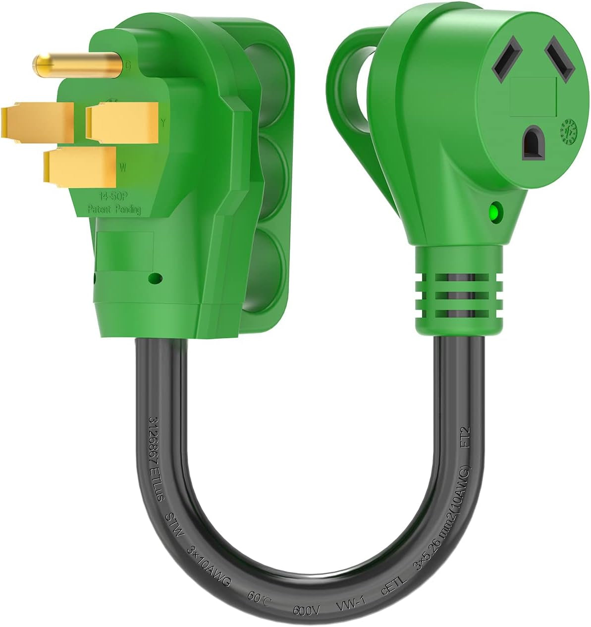 50 Amp to 30 Amp RV Adapter Cord 12 Inch, NEMA 14-50P to NEMA TT-30R, Dogbone Electrical Converter with LED Power Indicator and Disconnect Handle, Green, ETL Listed