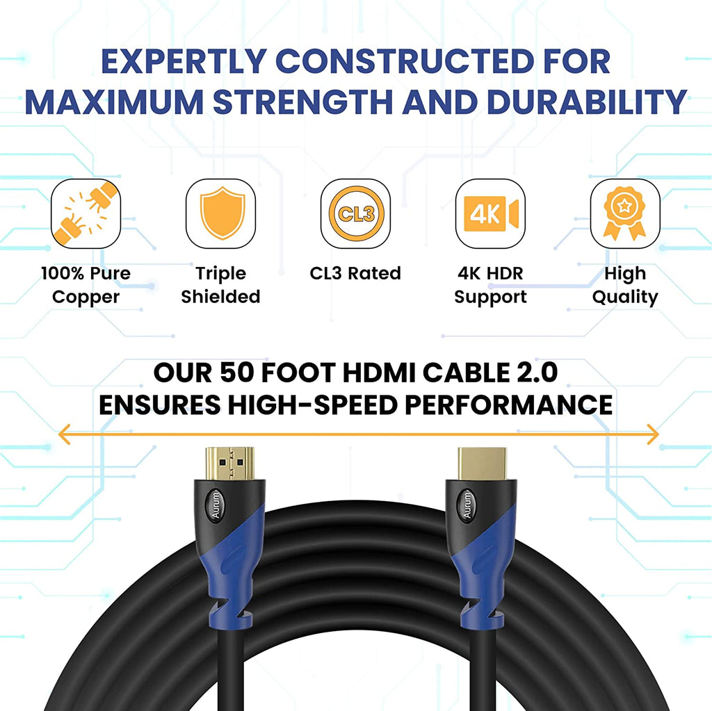 4K HDMI Cable 50Ft Long, 4K@60Hz High Speed HDMI Cord with Ethernet, Supports UHD Resolution, ARC, 3D, CL3 Certified - Compatible with HDTV, PC, Laptop, PS3, Xbox, Blu-Ray