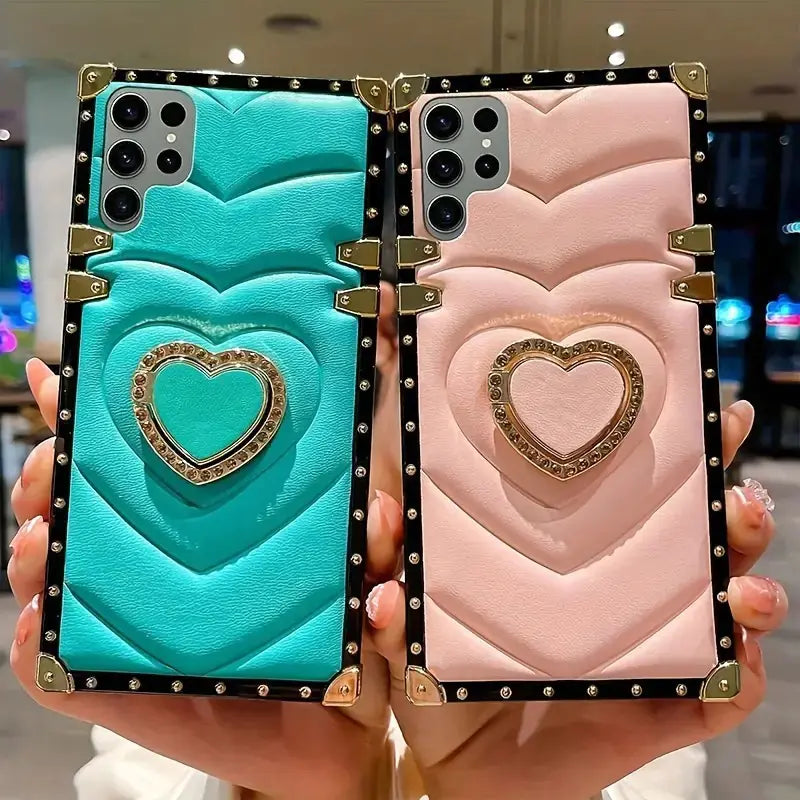 3D Love Heart Ring Holder Leather Case for Galaxy S21-23