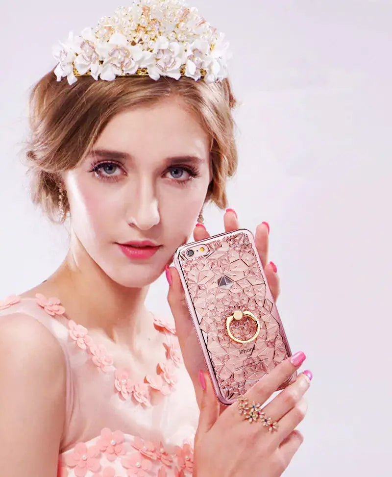 Rhinestone Ring Phone Case with Durian Flower Design