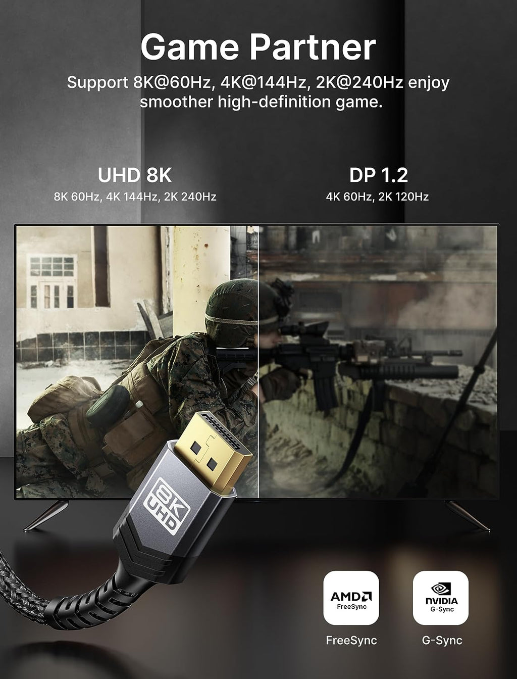 JSAUX Displayport Cable 1.4 10Ft, 8K DP Cable | 8K@60Hz, 4K@144Hz, 2K@240Hz 2K@165Hz | HBR3, 32.4Gbps, HDR10, Freesync, G-Sync for Gaming Monitor Graphics Card TV PC Laptop -Grey