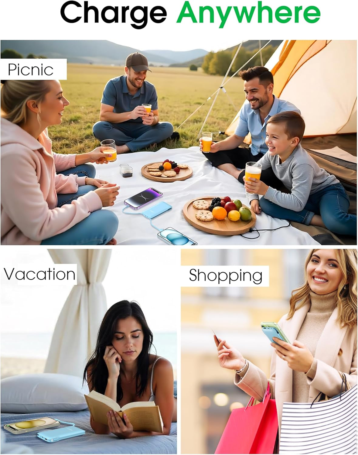 2 Pack 10000Mah Power Bank Built-In Foldable AC Wall Plug and Cables,Ultra Slim Compact Cell Phone Fast Charger,External Battery Pack Compatible with Iphone and Android Devices,Black & Blue