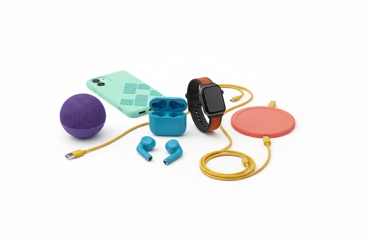 colorful tech gadgets on a clean white background product highlight