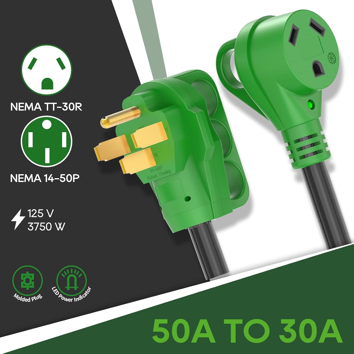 50 Amp to 30 Amp RV Adapter Cord 12 Inch, NEMA 14-50P to NEMA TT-30R, Dogbone Electrical Converter with LED Power Indicator and Disconnect Handle, Green, ETL Listed