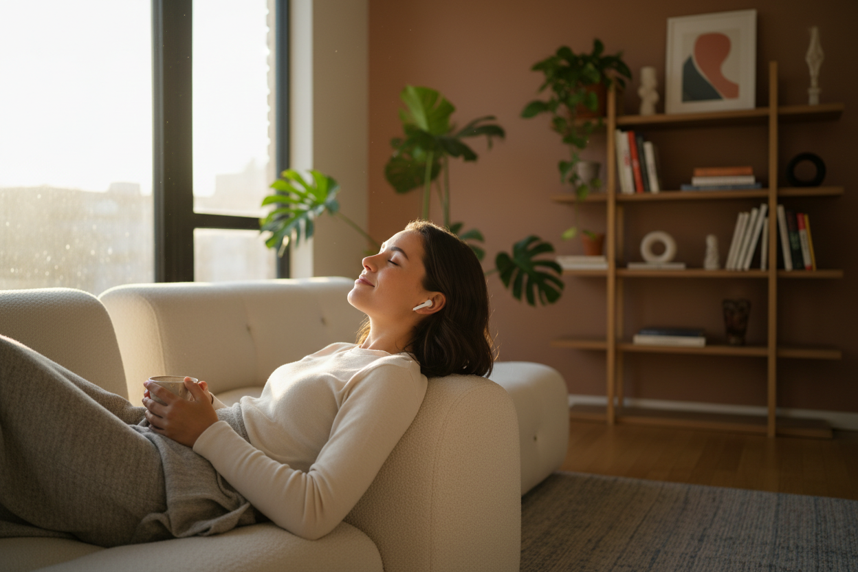person using wireless earbuds at home (lifestyle)